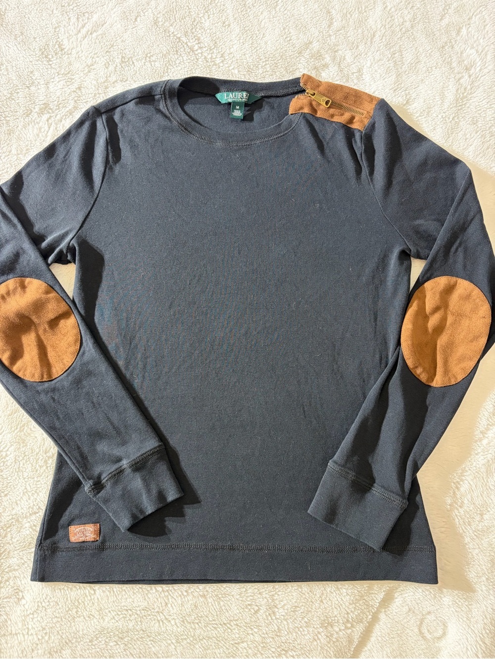 Lauren Ralph Lauren Black Long Sleeve Faux Suede Elbow
Patches Shoulder Zip Med